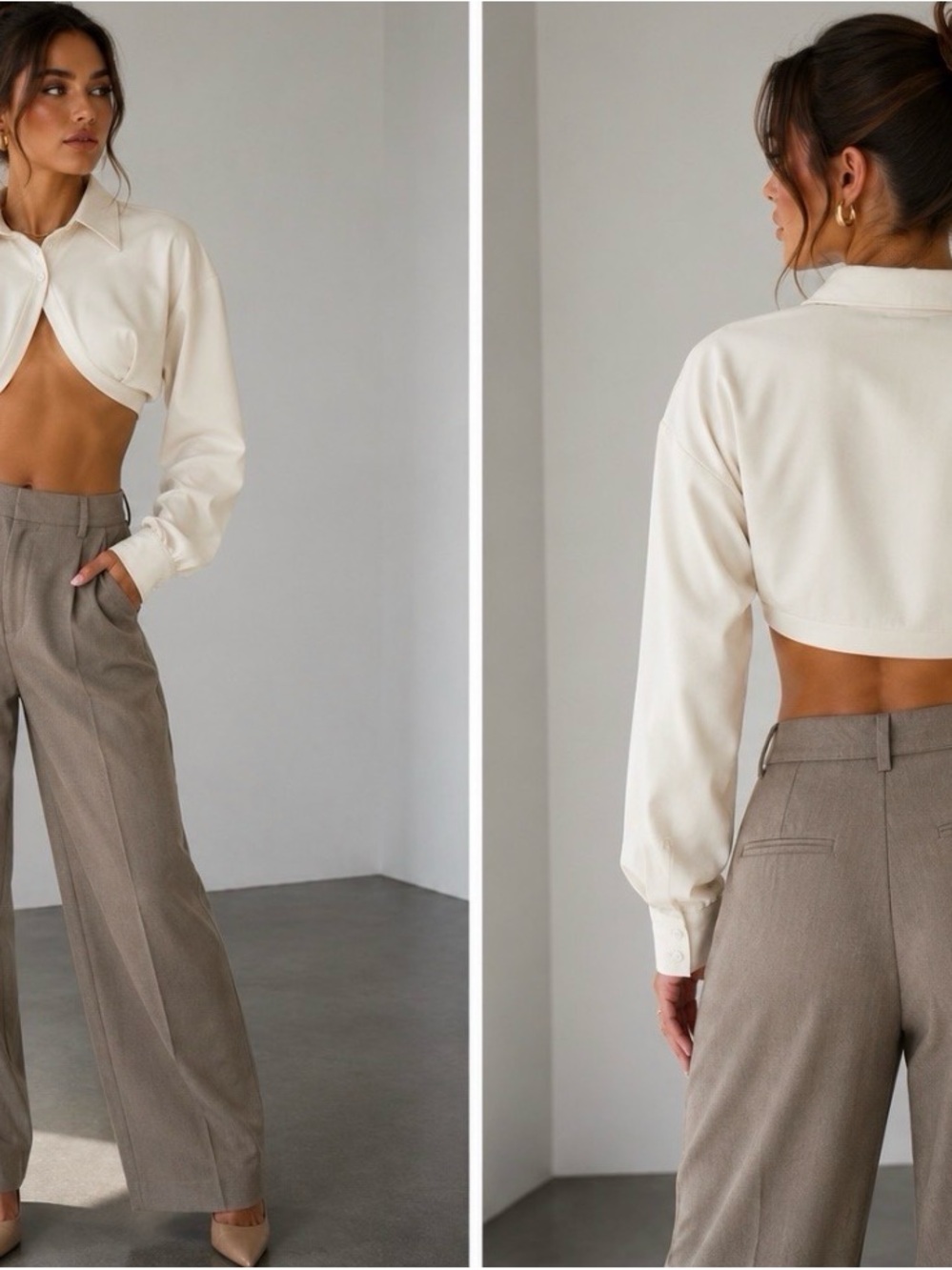 Cropped Long-Sleeve Shirt in Cream